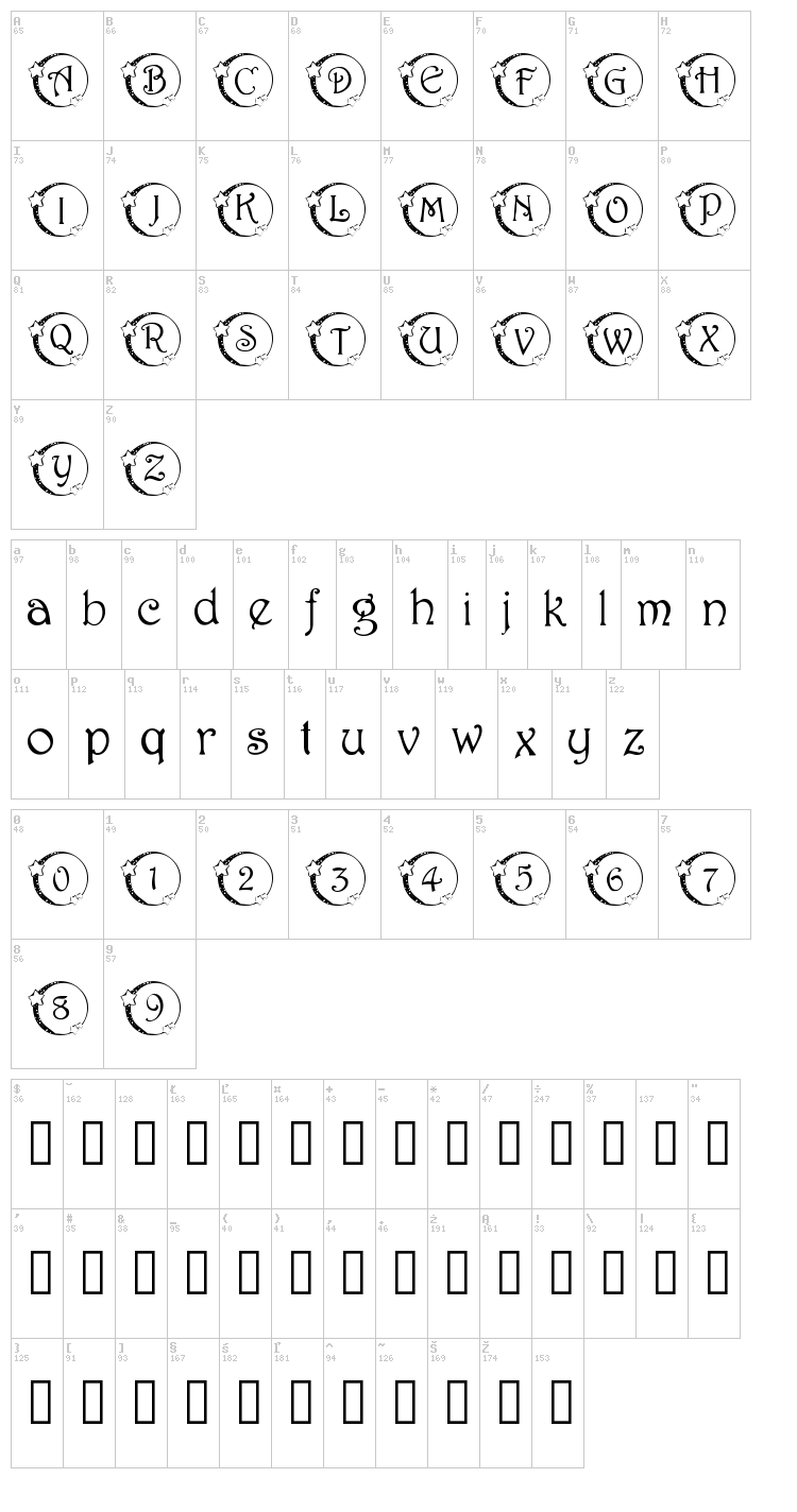 101! Star Lit font map